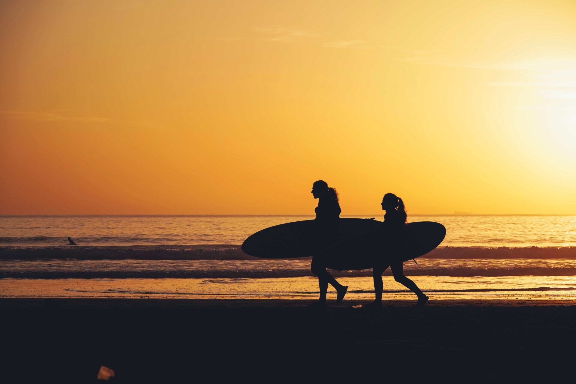Jeunes surfant au coucher du soleil lors d’une colonie de vacances au Maroc.