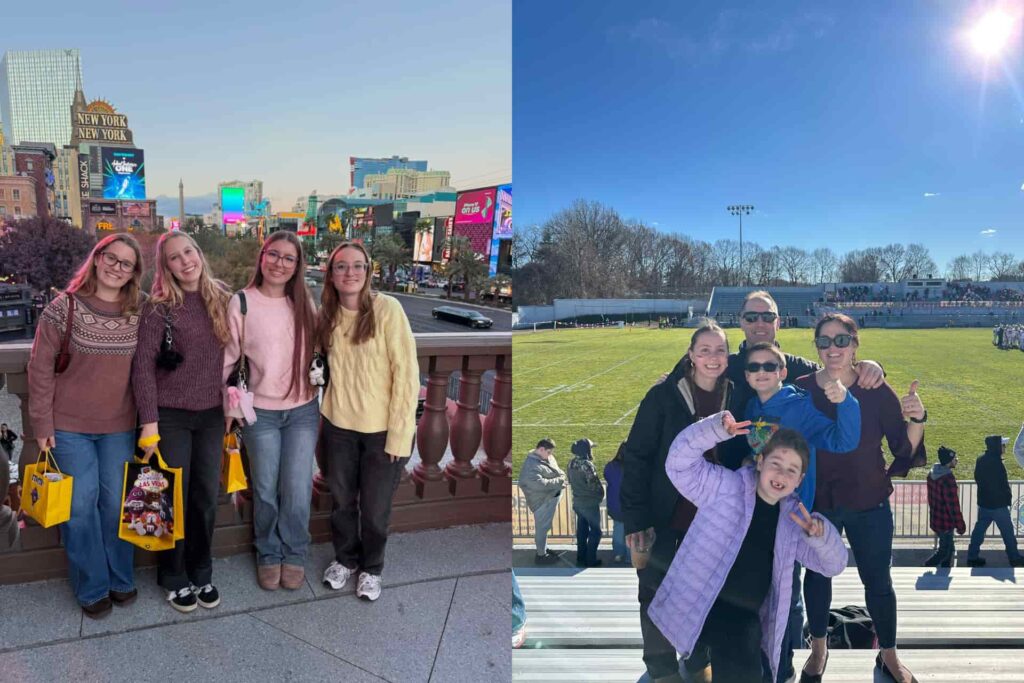 Lycéennes visitant une ville américaine et d'une étudiante partageant un moment avec sa famille d'accueil, illustrant l'immersion totale pour étudier à l'étranger en classe de Seconde avec le CEI
