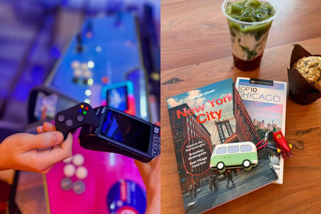 À gauche, paiement sans contact avec une coque manette ; à droite, kit de voyage avec guides de New York, boisson et Walkie "Van".