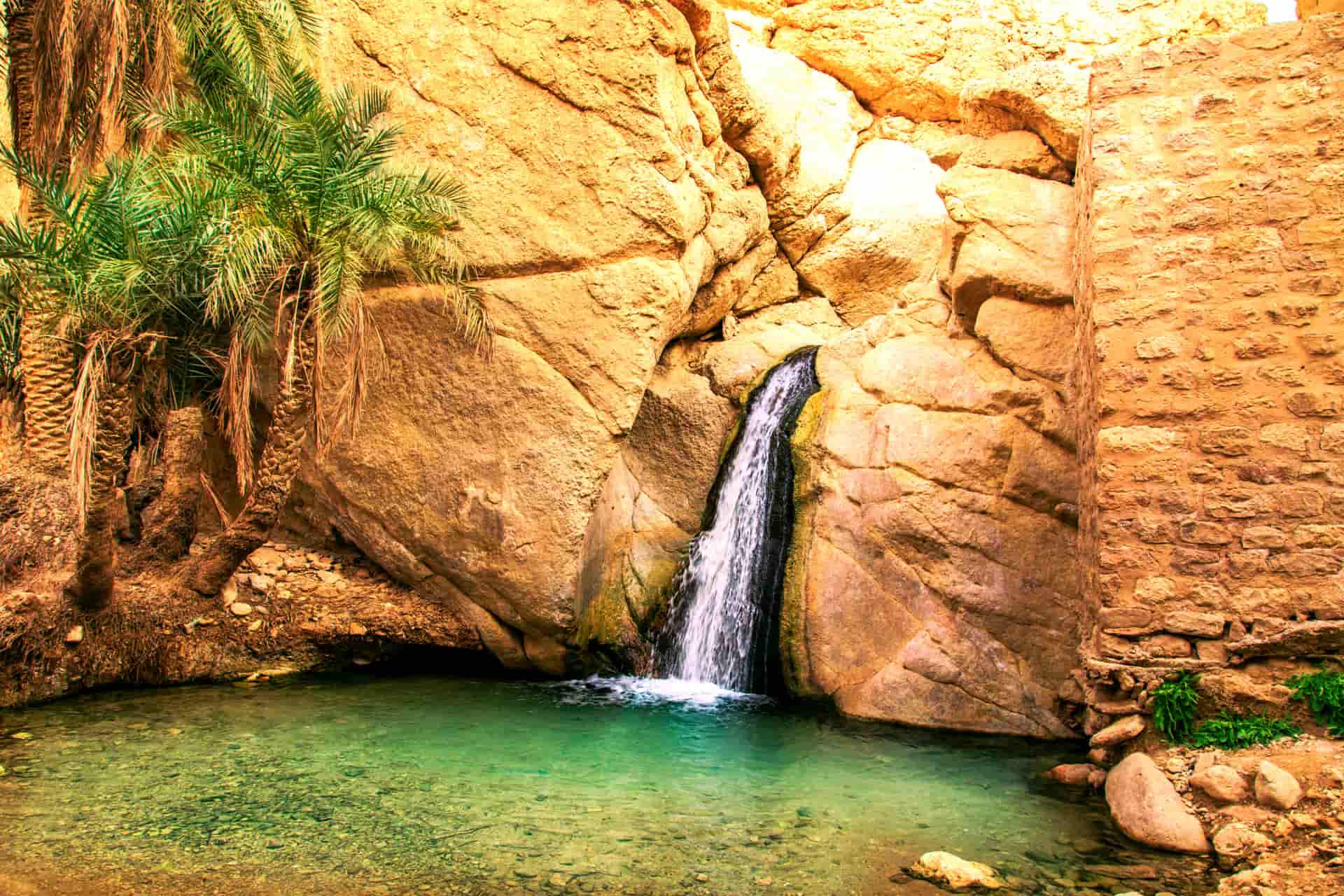 Oasis de montagne avec cascade dans le sud tunisien lors d'une colonie de vacances en Tunisie