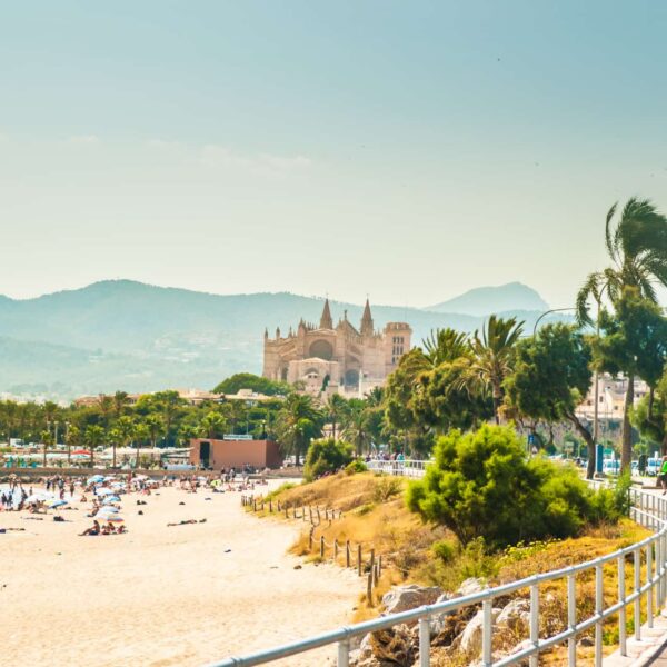 Plage de Palma et cathédrale lors d'une colonie de vacances à Majorque