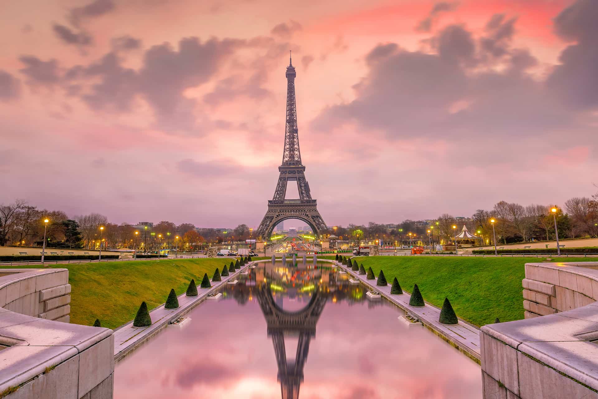 Eiffel Tower and Trocadéro gardens in Paris at sunset