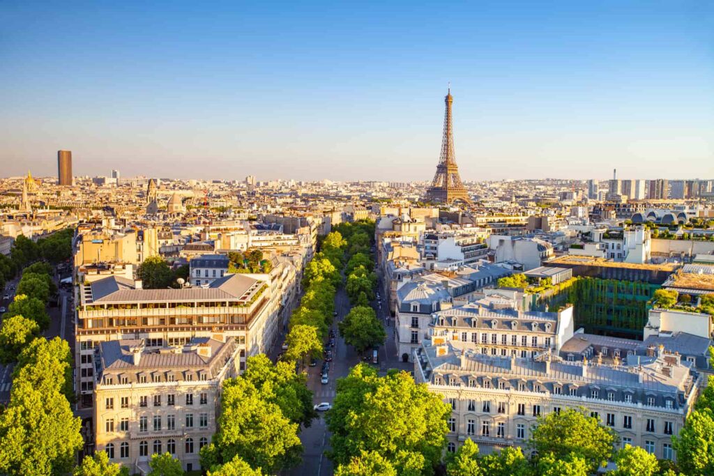 Panoramic view of Paris and the Eiffel Tower during summer