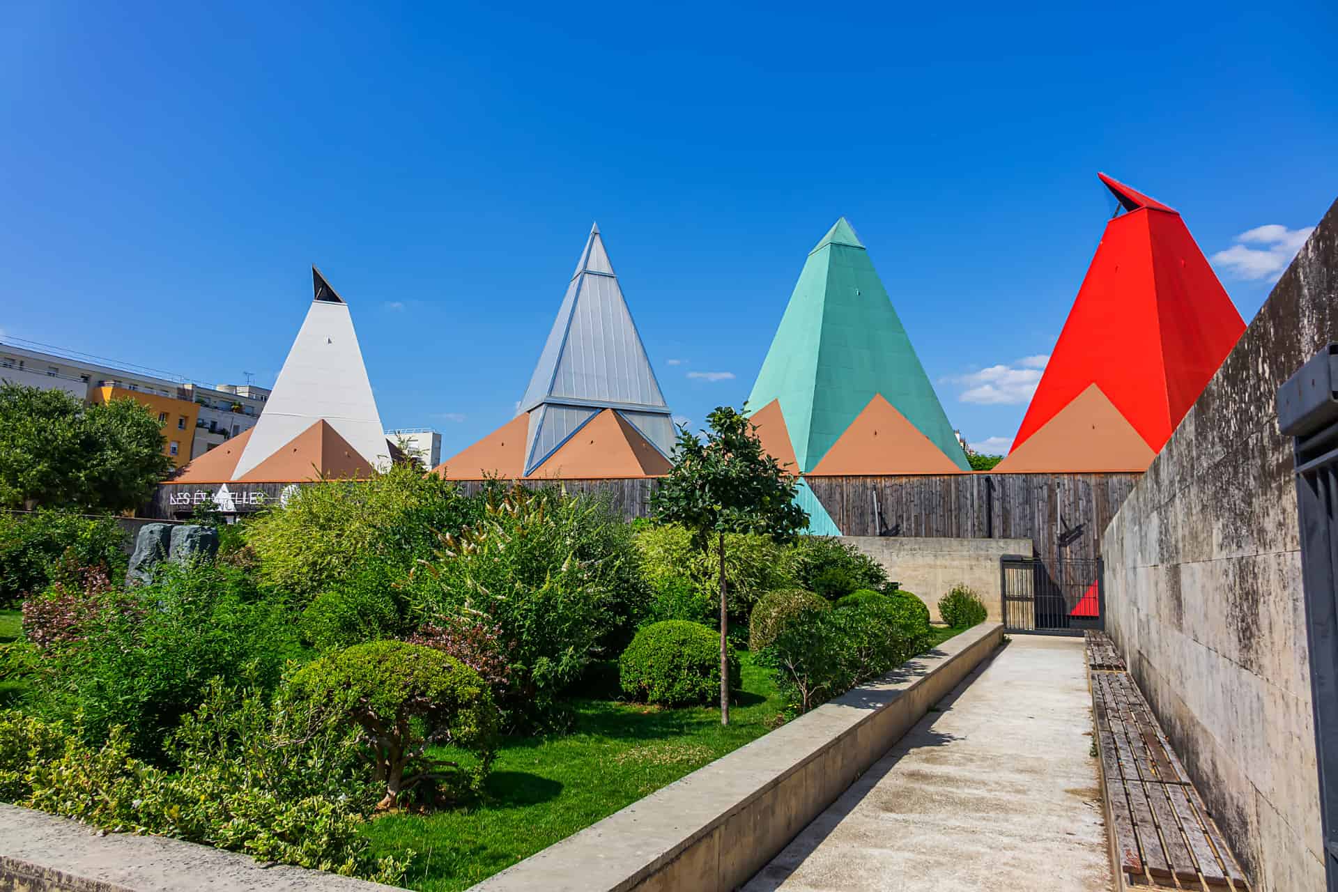 Colourful geometric buildings of Les Étincelles du Palais de la Découverte in Paris