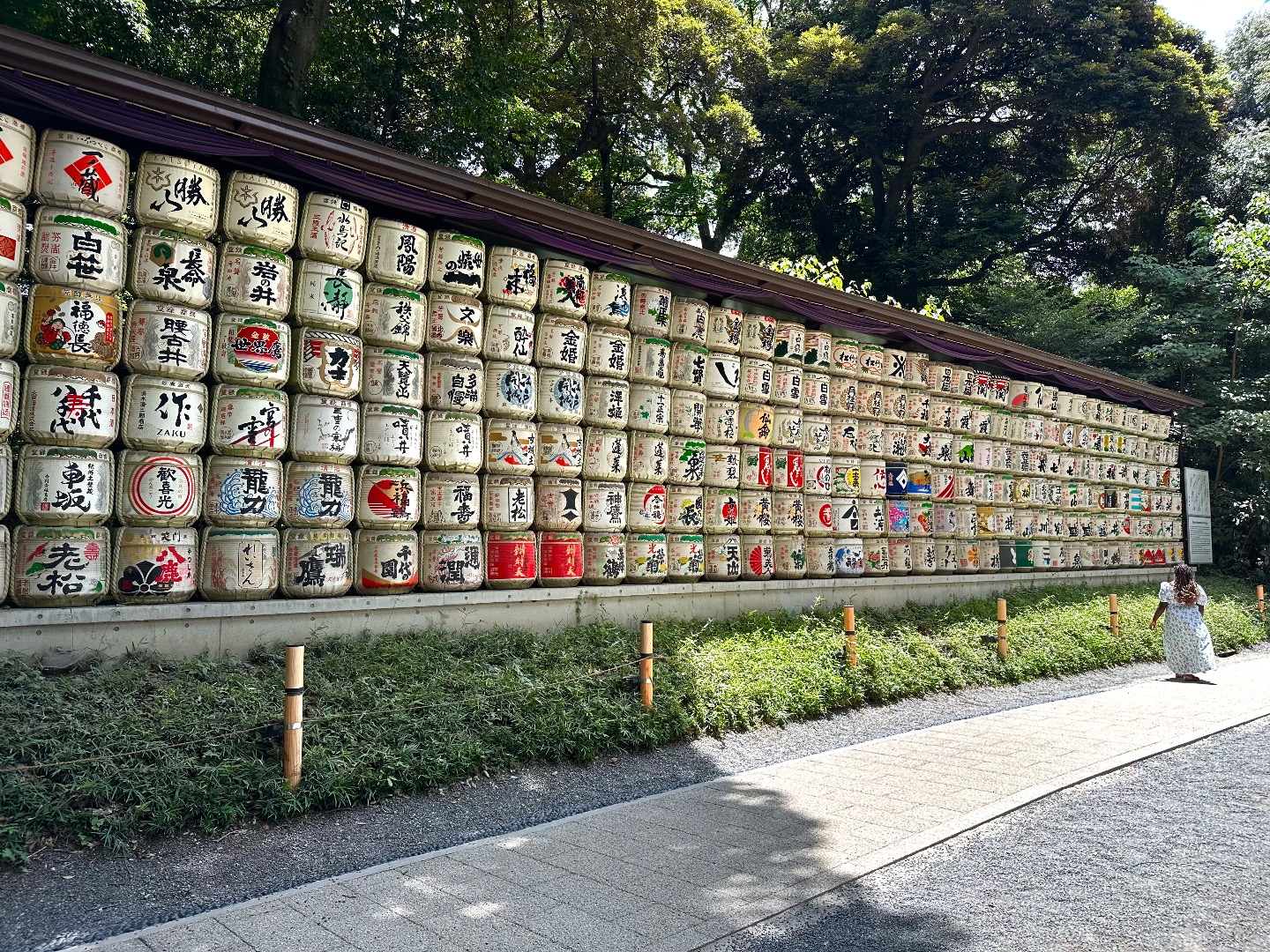 Mur de fûts de saké décorés au sanctuaire Meiji Jingu à Tokyo pendant la colonie de vacances Tokyo Express.