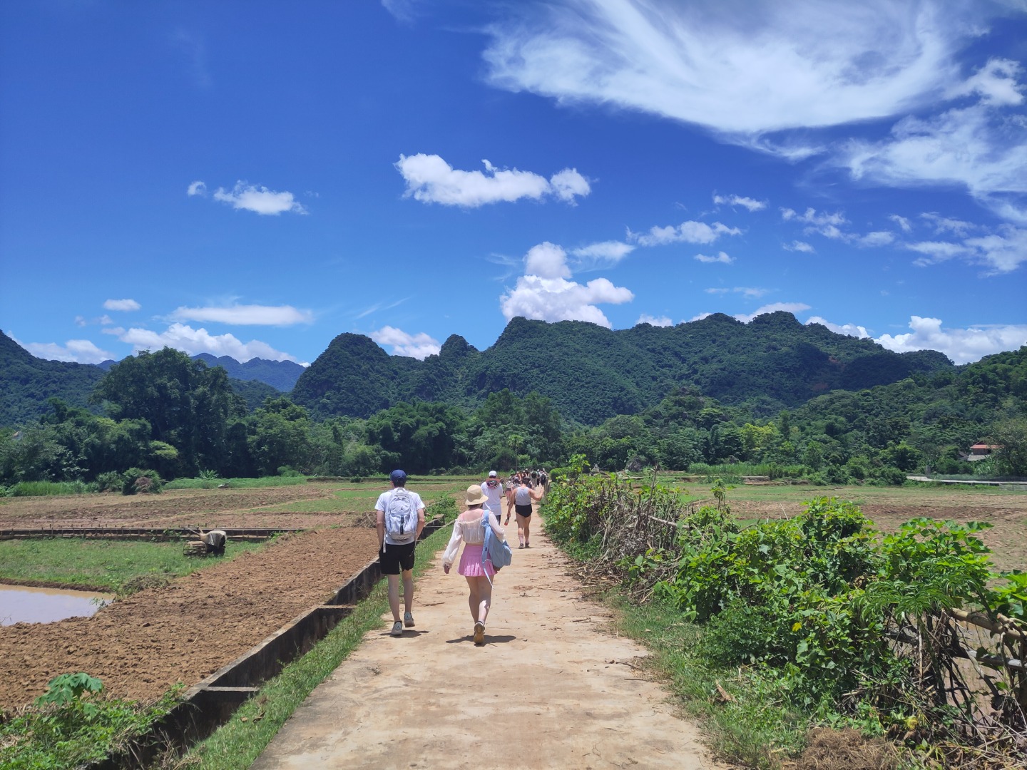 Groupe d’adolescents en randonnée dans une vallée entourée de montagnes au Vietnam