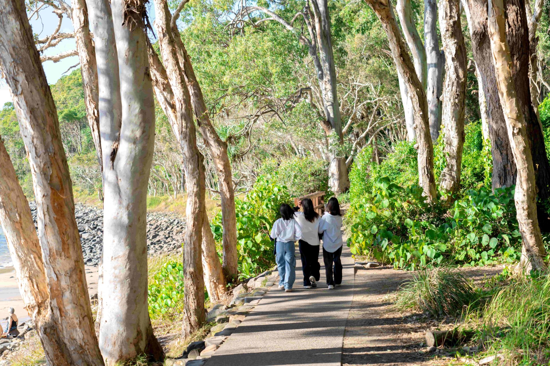Groupe d’étudiants marchant dans une forêt à Byron Bay.